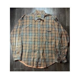 Harley Davidson Mens XL Plaid Button Down Shirt Orange Grey Long Sleeve Cotton